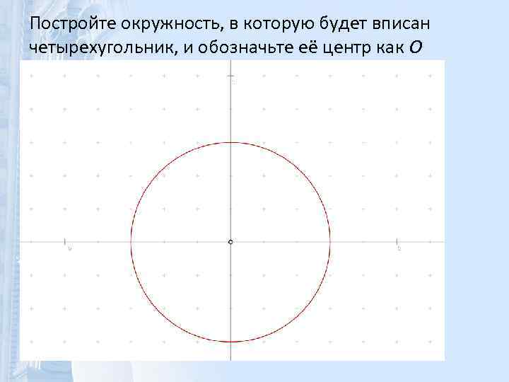 Постройте окружность, в которую будет вписан четырехугольник, и обозначьте её центр как O 