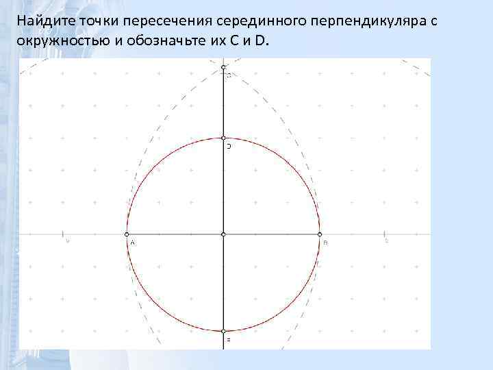 Найдите точки пересечения серединного перпендикуляра с окружностью и обозначьте их C и D. 