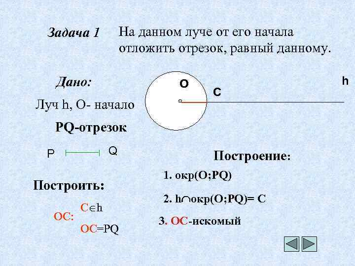 На данном луче от его начала отложить отрезок, равный данному. Задача 1 Дано: О