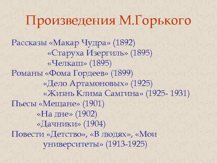 Произведения М. Горького Рассказы «Макар Чудра» (1892) «Старуха Изергиль» (1895) «Челкаш» (1895) Романы «Фома