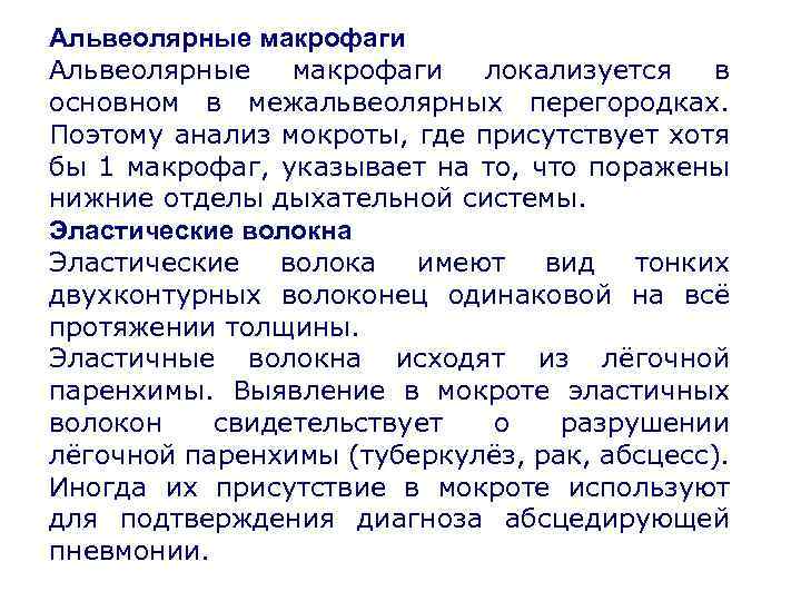 Альвеолярные макрофаги локализуется в основном в межальвеолярных перегородках. Поэтому анализ мокроты, где присутствует хотя