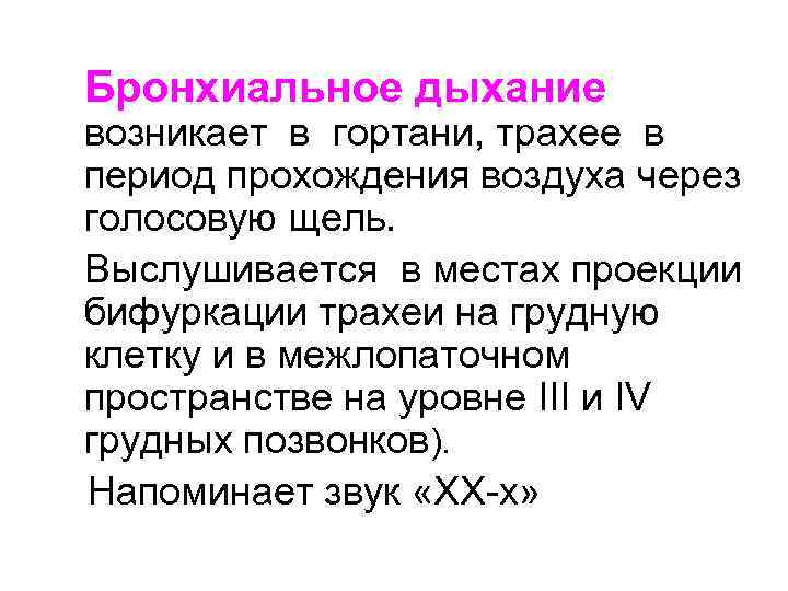 Бронхиальное дыхание возникает в гортани, трахее в период прохождения воздуха через голосовую щель. Выслушивается