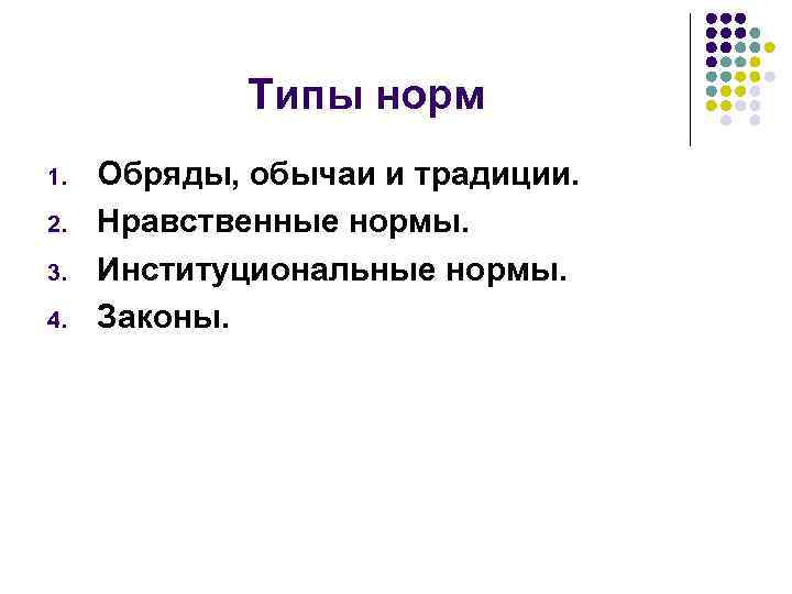Типы норм 1. 2. 3. 4. Обряды, обычаи и традиции. Нравственные нормы. Институциональные нормы.