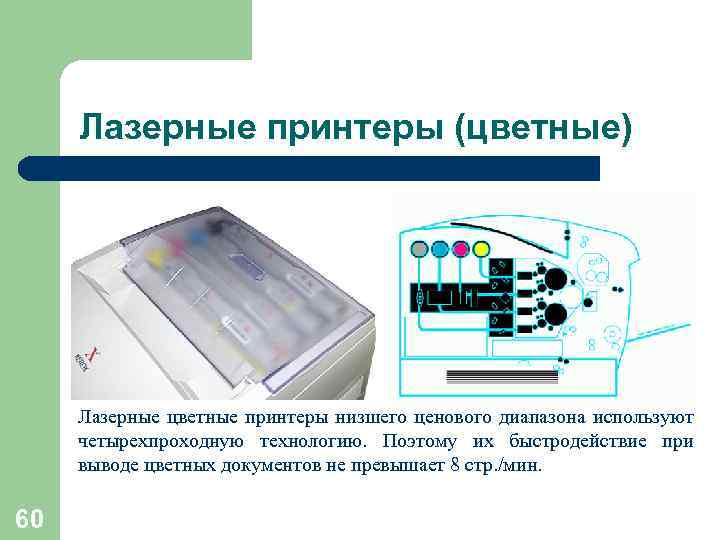  Лазерные принтеры (цветные)   Лазерные цветные принтеры низшего ценового диапазона используют 
