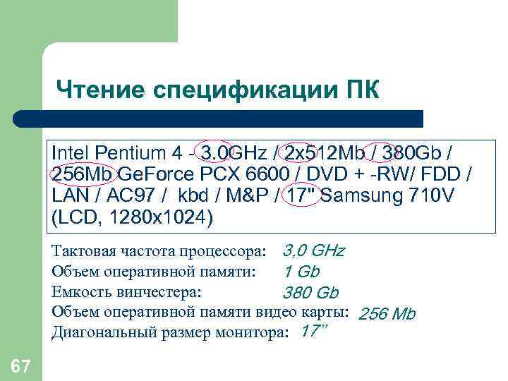 Чтение спецификации ПК  Intel Pentium 4 - 3. 0 GHz / 2