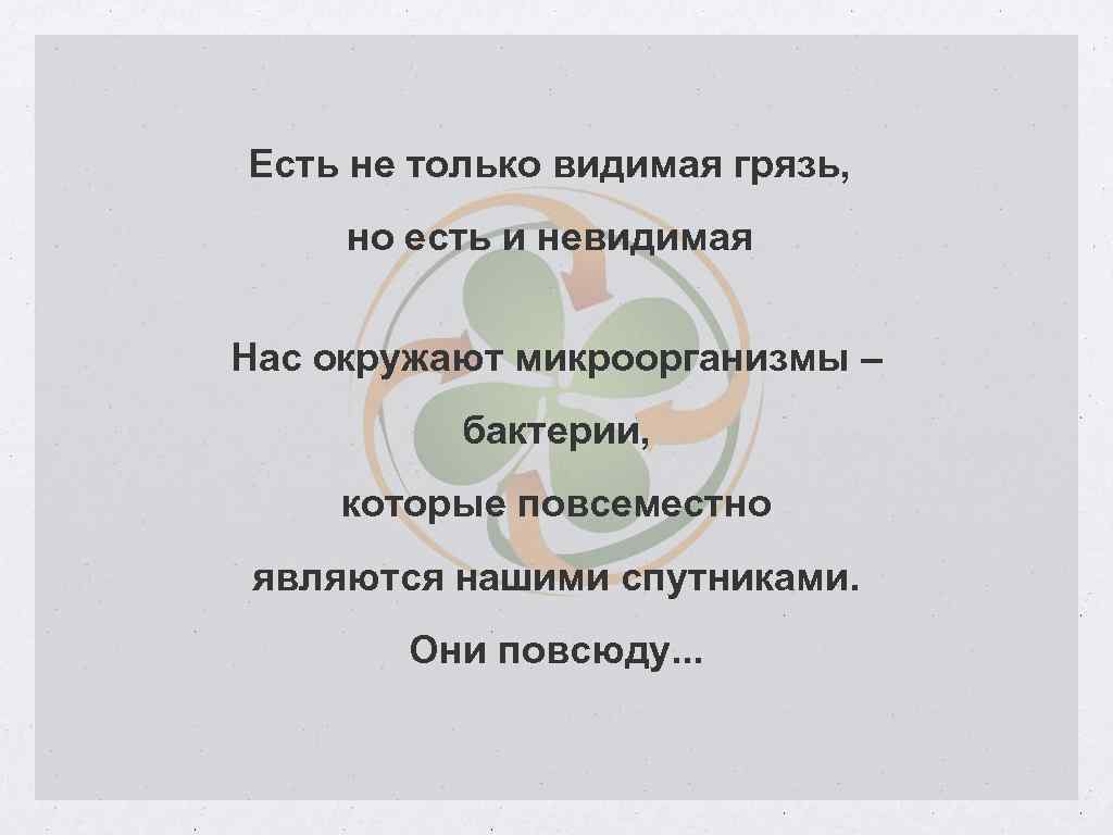 Есть не только видимая грязь, но есть и невидимая Нас окружают микроорганизмы – бактерии,