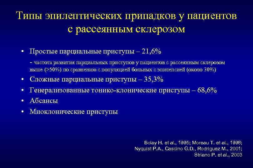Типы эпилептических припадков у пациентов с рассеянным склерозом • Простые парциальные приступы – 21,