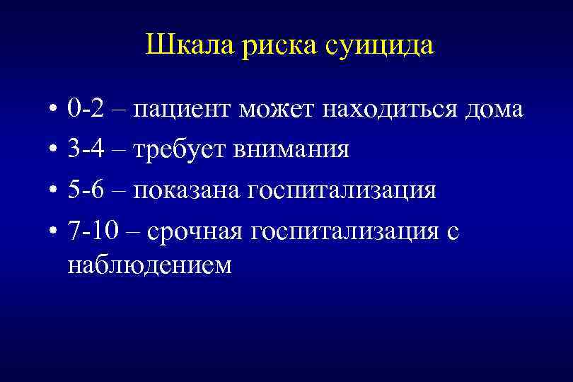 Шкала риска суицида • 0 -2 – пациент может находиться дома • 3 -4