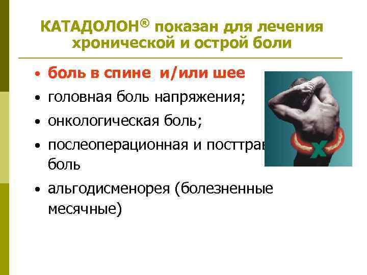 КАТАДОЛОН® показан для лечения хронической и острой боли • боль в спине и/или шее