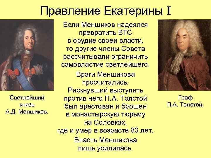 Правление Екатерины I Светлейший князь А. Д. Меншиков. Если Меншиков надеялся превратить ВТС в