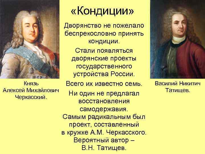  «Кондиции» Дворянство не пожелало беспрекословно принять кондиции. Стали появляться дворянские проекты государственного устройства