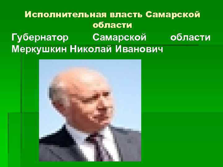 Исполнительная власть Самарской области Губернатор Самарской области Меркушкин Николай Иванович 