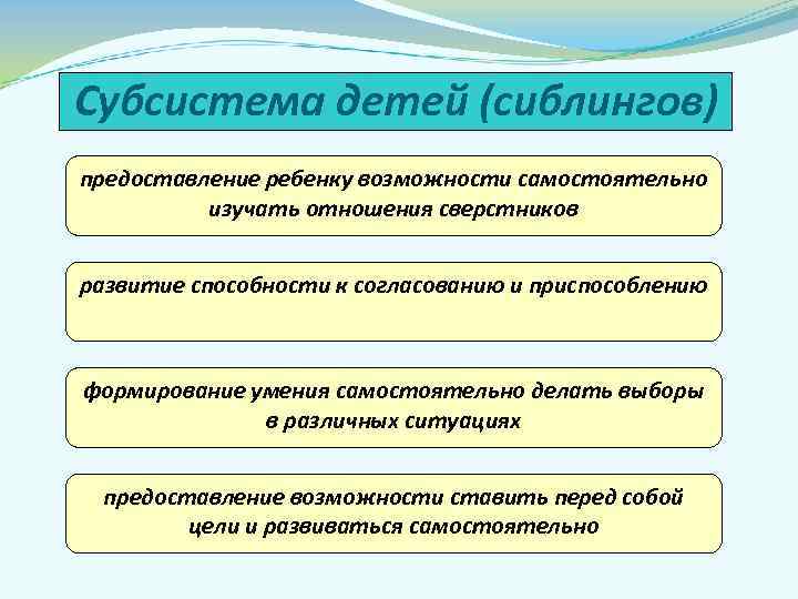 Субсистема детей (сиблингов) предоставление ребенку возможности самостоятельно изучать отношения сверстников развитие способности к согласованию