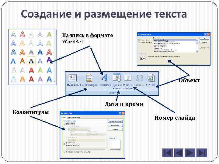 Создание и размещение текста Надпись в формате Word. Art Объект Дата и время Колонтитулы