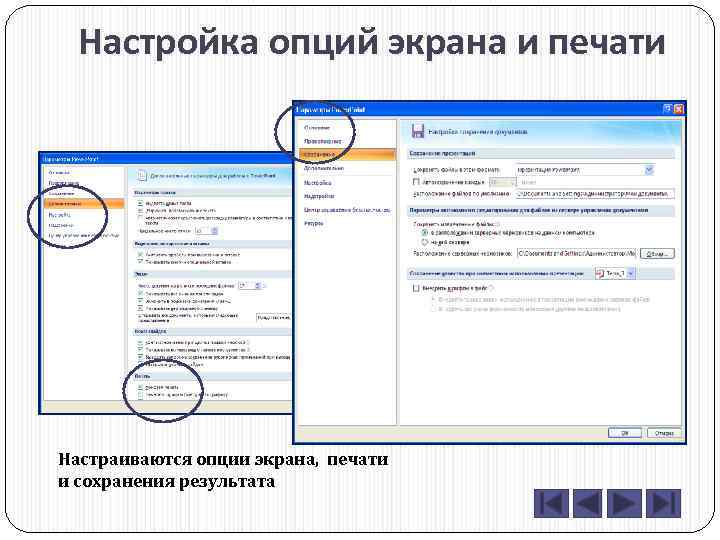 Настройка опций экрана и печати Настраиваются опции экрана, печати и сохранения результата 