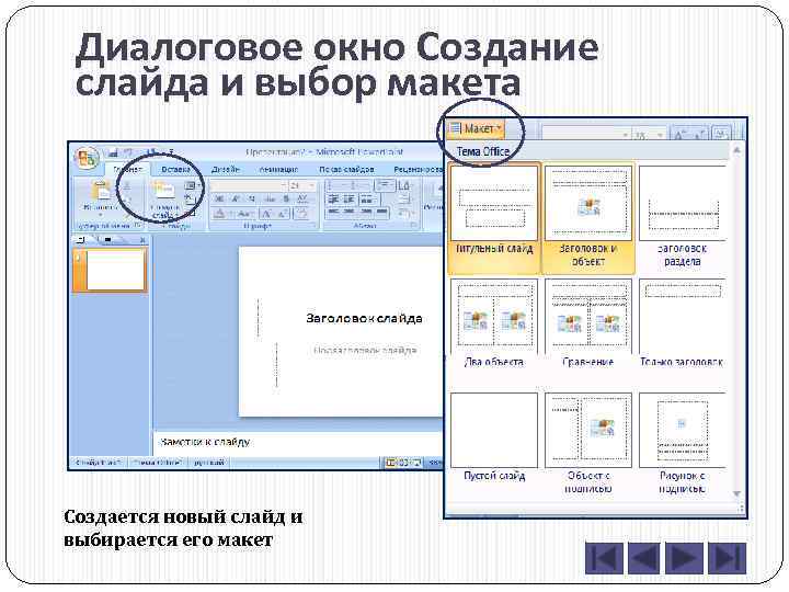 Диалоговое окно Создание слайда и выбор макета Создается новый слайд и выбирается его макет