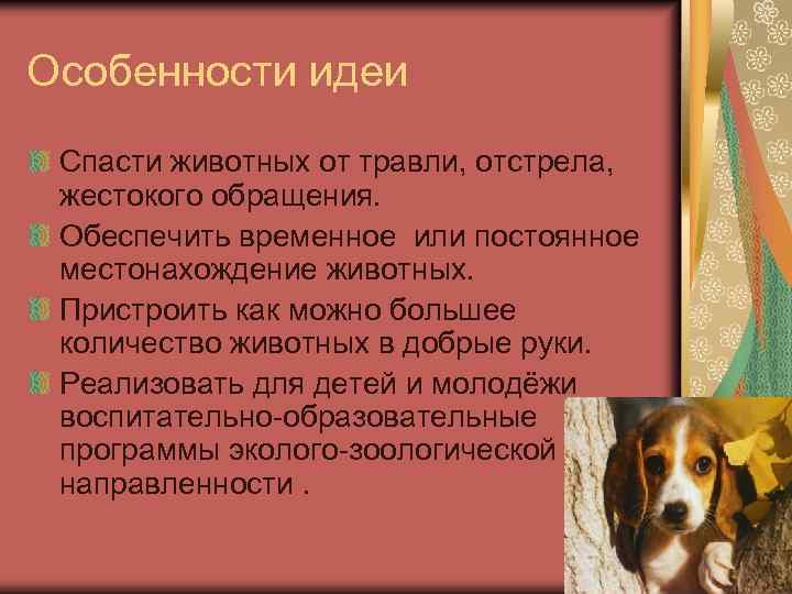 Особенности идеи Спасти животных от травли, отстрела, жестокого обращения. Обеспечить временное или постоянное местонахождение