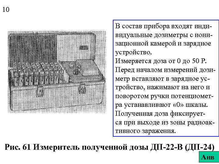 10 В состав прибора входят индивидуальные дозиметры с ионизационной камерой и зарядное устройство. Измеряется