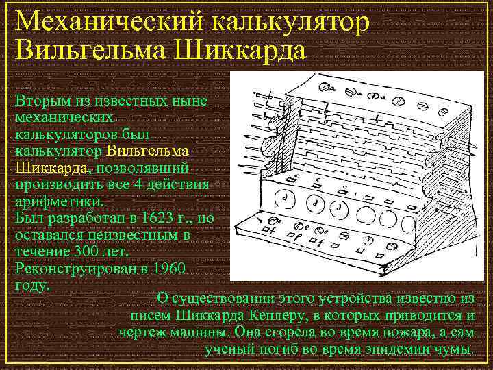 Механический калькулятор Вильгельма Шиккарда Вторым из известных ныне механических калькуляторов был калькулятор Вильгельма Шиккарда,