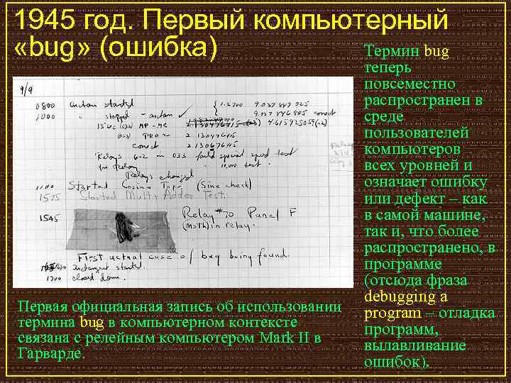 1945 год. Первый компьютерный «bug» (ошибка) Термин bug Первая официальная запись об использовании термина