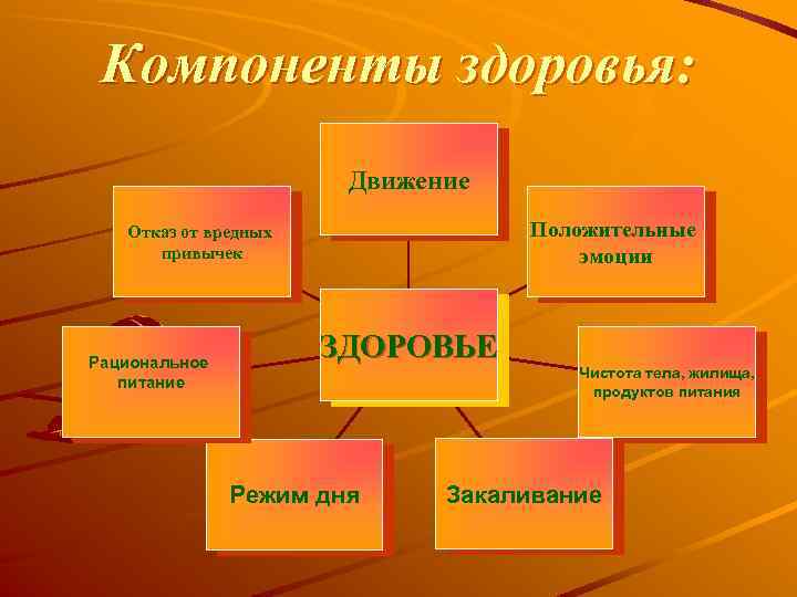 Компоненты здоровья: Движение Положительные эмоции Отказ от вредных привычек Рациональное питание ЗДОРОВЬЕ Режим дня