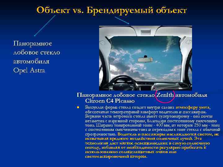 Объект vs. Брендируемый объект Панорамное лобовое стекло автомобиля Opel Astra Панорамное лобовое стекло Zenith