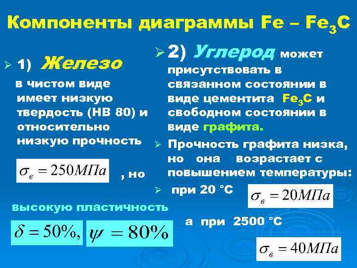 Компоненты диаграммы Fe – Fe 3 C Ø 1) Железо Ø 2) Углерод может