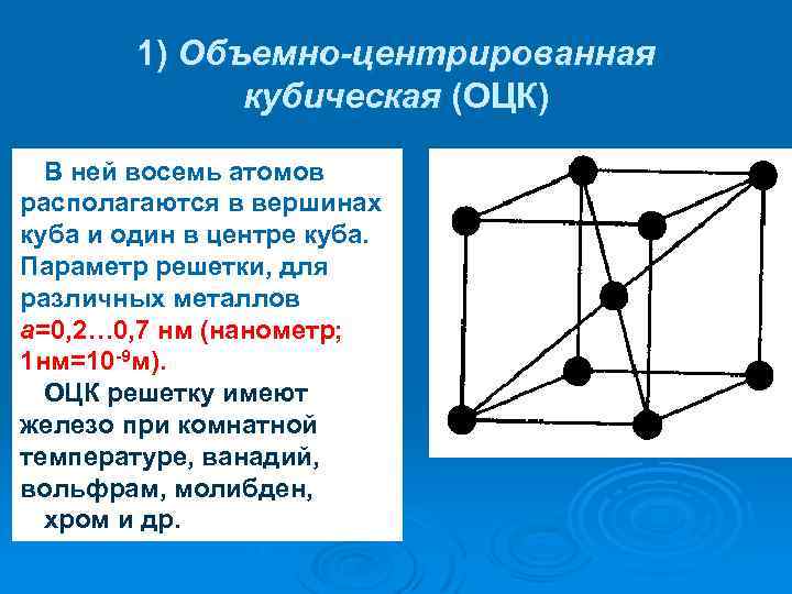 1) Объемно-центрированная кубическая (ОЦК) В ней восемь атомов располагаются в вершинах куба и один