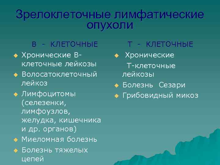 Зрелоклеточные лимфатические опухоли u u u В - КЛЕТОЧНЫЕ Хронические Вклеточные лейкозы Волосатоклеточный лейкоз