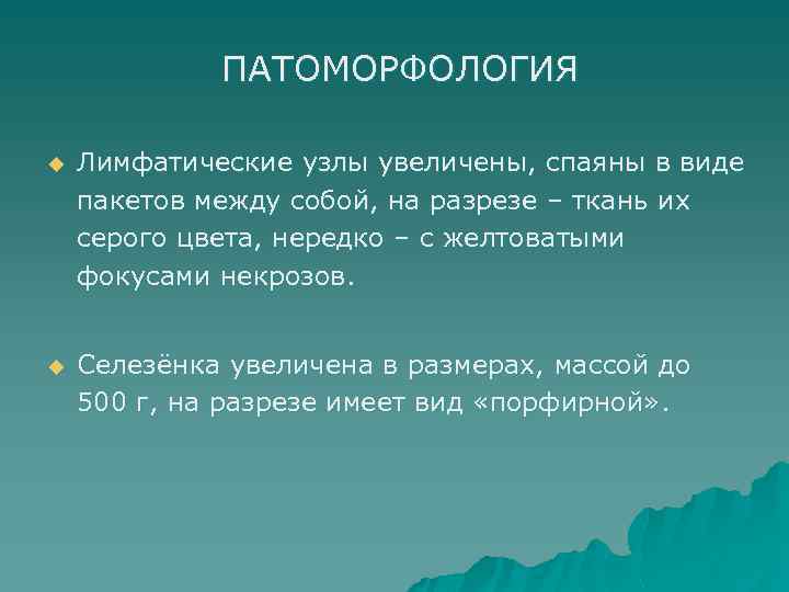 ПАТОМОРФОЛОГИЯ u Лимфатические узлы увеличены, спаяны в виде пакетов между собой, на разрезе –