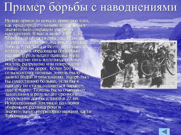 Пример борьбы с наводнениями Можно привести немало примеров того, как предупредительными мерами был значительно