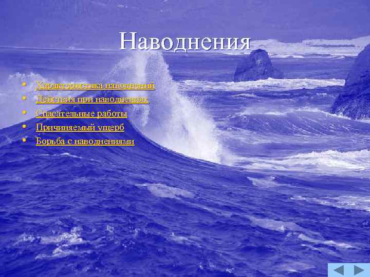 Наводнения • • • Характеристика наводнений Действия при наводнениях Спасательные работы Причиняемый ущерб Борьба