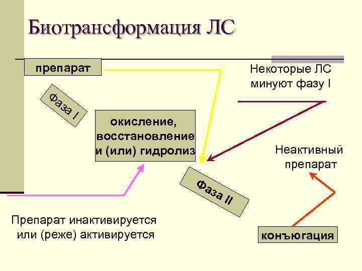 Биотрансформация ЛС препарат Некоторые ЛС минуют фазу I Фа за I окисление, восстановление и