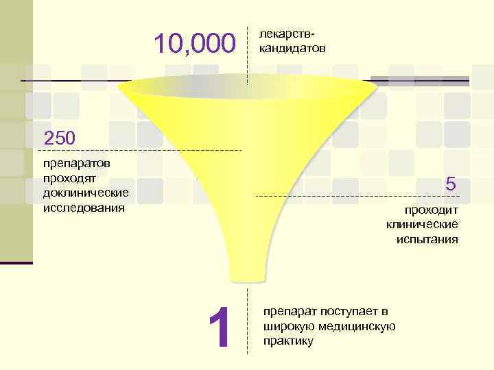 10, 000 лекарствкандидатов 250 препаратов проходят доклинические исследования 5 проходит клинические испытания 1 препарат