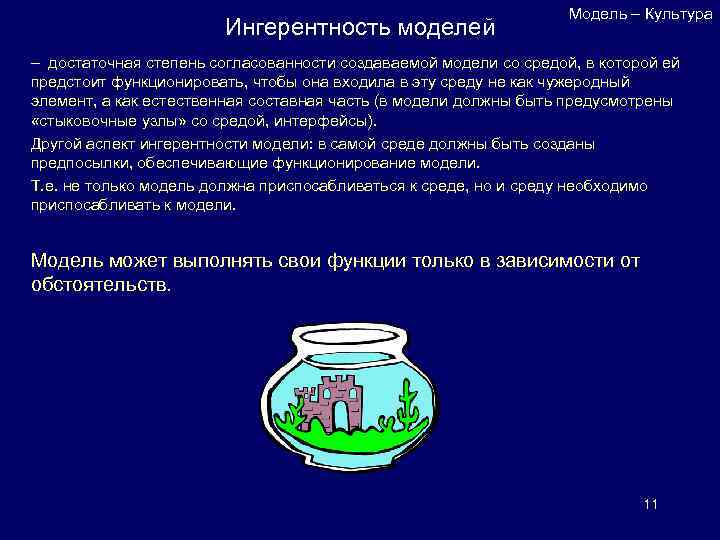 Ингерентность моделей Модель – Культура – достаточная степень согласованности создаваемой модели со средой, в