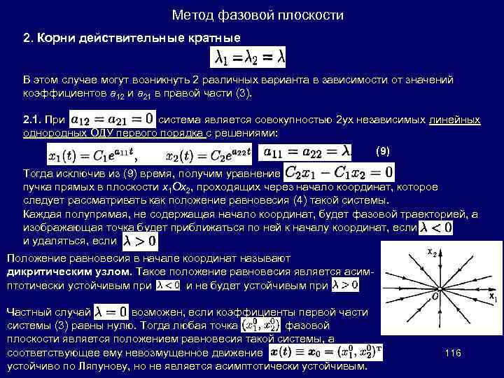 Метод фазовой плоскости 2. Корни действительные кратные В этом случае могут возникнуть 2 различных