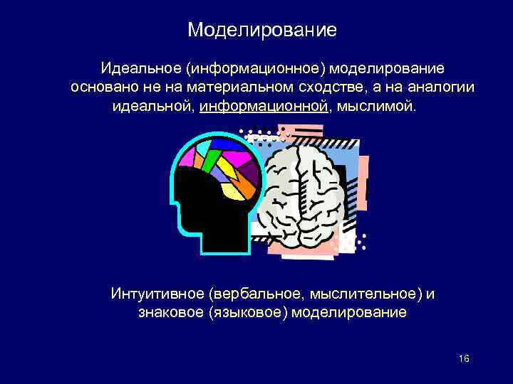 Моделирование Идеальное (информационное) моделирование основано не на материальном сходстве, а на аналогии идеальной, информационной,