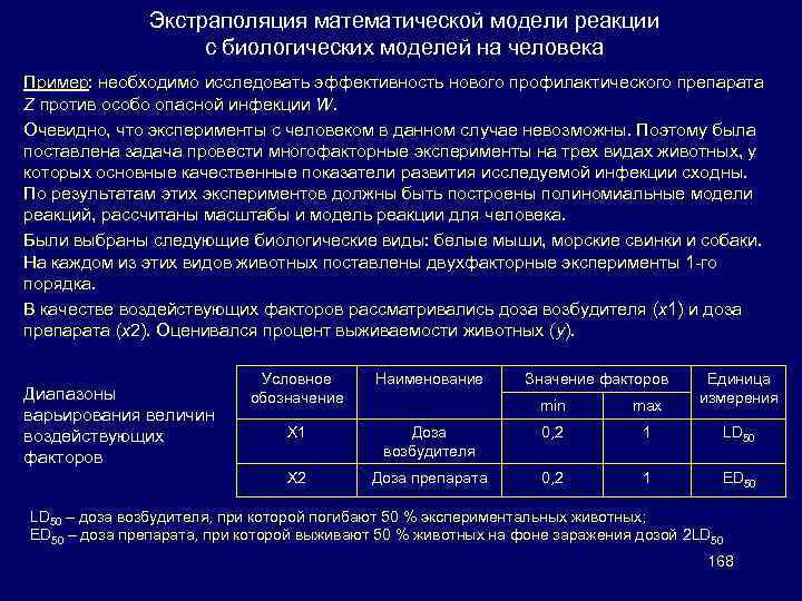 Экстраполяция математической модели реакции с биологических моделей на человека Пример: необходимо исследовать эффективность нового