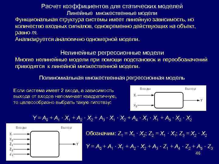 Расчет коэффициентов для статических моделей Линейные множественные модели Функциональная структура системы имеет линейную зависимость,