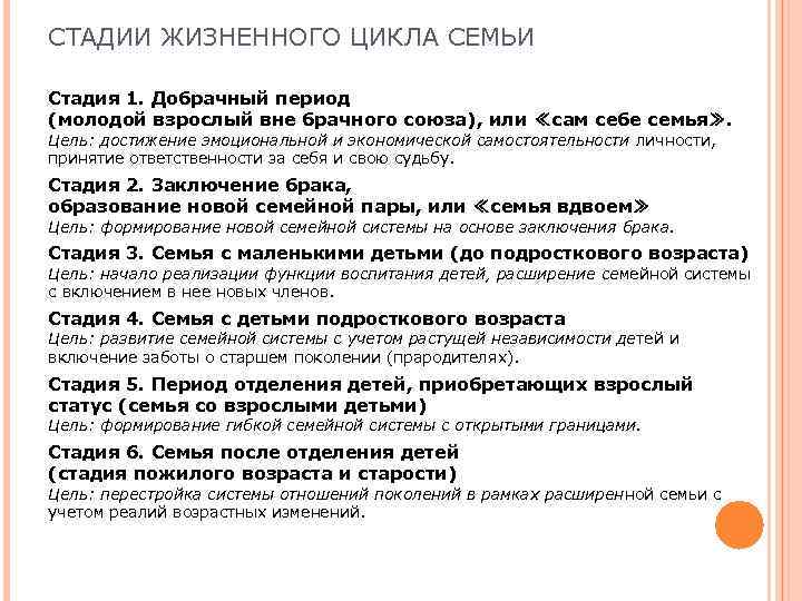 СТАДИИ ЖИЗНЕННОГО ЦИКЛА СЕМЬИ Стадия 1. Добрачный период (молодой взрослый вне брачного союза), или