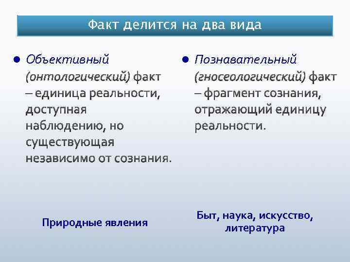 Факт делится на два вида l Объективный Природные явления l Познавательный Быт, наука, искусство,