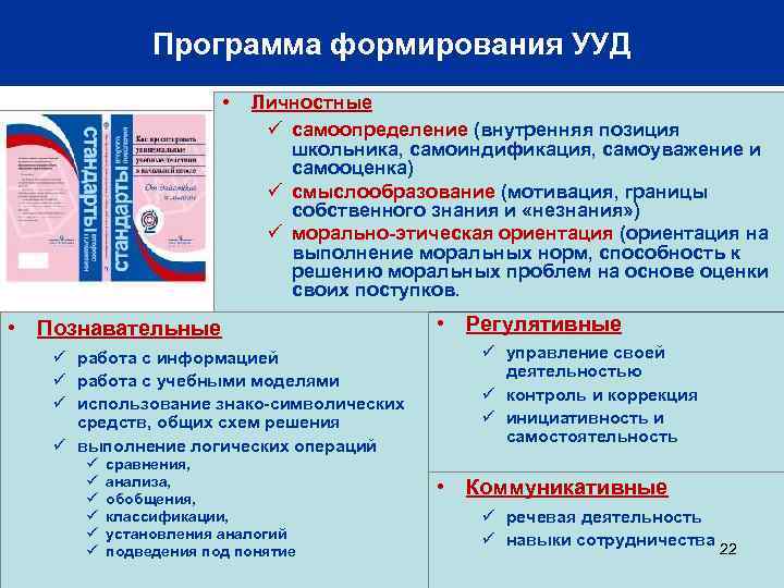 Программа формирования УУД • Личностные ü самоопределение (внутренняя позиция школьника, самоиндификация, самоуважение и самооценка)