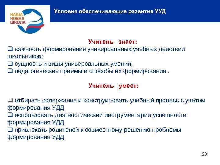 Условия обеспечивающие развитие УУД Учитель знает: q важность формирования универсальных учебных действий школьников; q