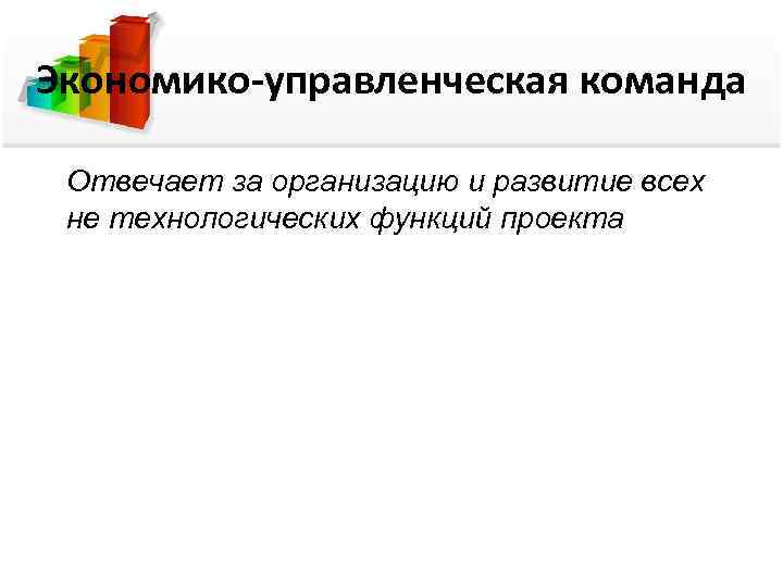Экономико-управленческая команда Отвечает за организацию и развитие всех не технологических функций проекта 