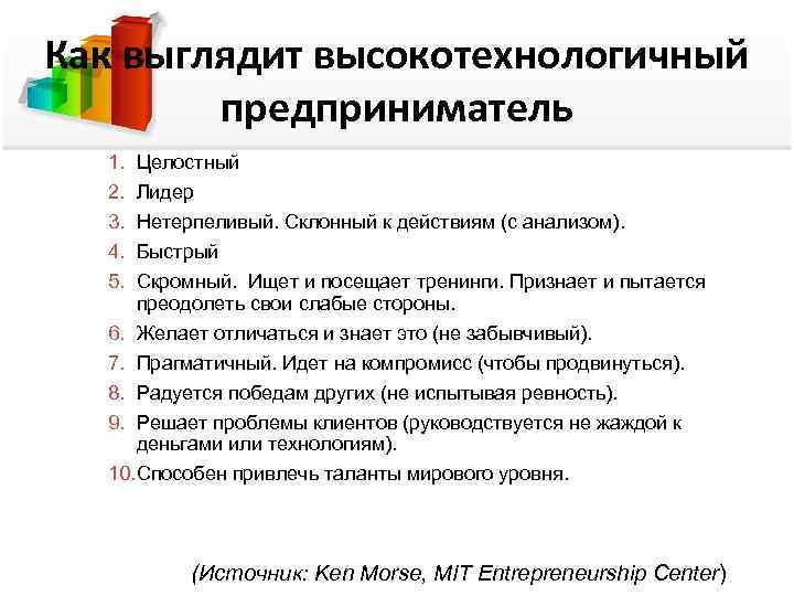 Как выглядит высокотехнологичный предприниматель 1. 2. 3. 4. 5. Целостный Лидер Нетерпеливый. Склонный к