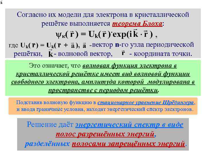 Согласно их модели для электрона в кристаллической решётке выполняется теорема Блоха: решётки, вектор n-го