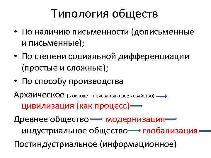 Типология обществ • По наличию письменности (дописьменные и письменные); • По степени социальной дифференциации
