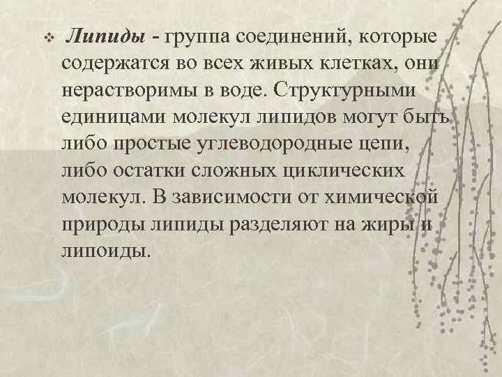 v Липиды - группа соединений, которые содержатся во всех живых клетках, они нерастворимы в