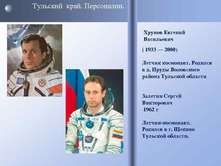Тульский край. Персоналии. Хрунов Евгений Васильевич ( 1933 — 2000) Летчик космонавт. Родился в
