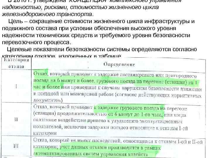  В 2010 г. утверждена КОНЦЕПЦИЯ комплексного управления надежностью, рисками, стоимостью жизненного цикла железнодорожного